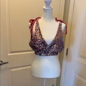 Free People Multicolor Sequin Crop Top with Pink Straps
